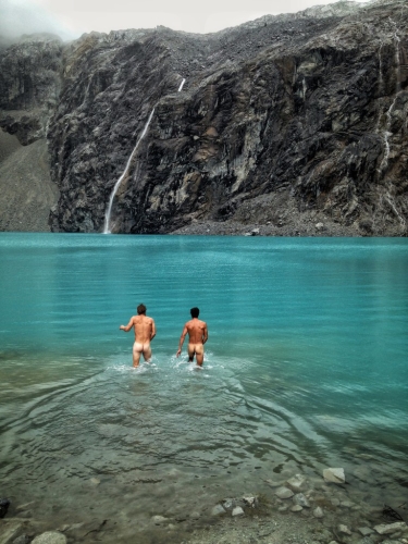Laguna 69 Naked Swim Mountains Blue Water Glacier Peru