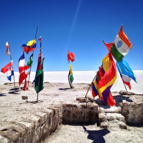 Salar De Uyuni Salt Flats Unfinsihed Hotel Flags Bolivia